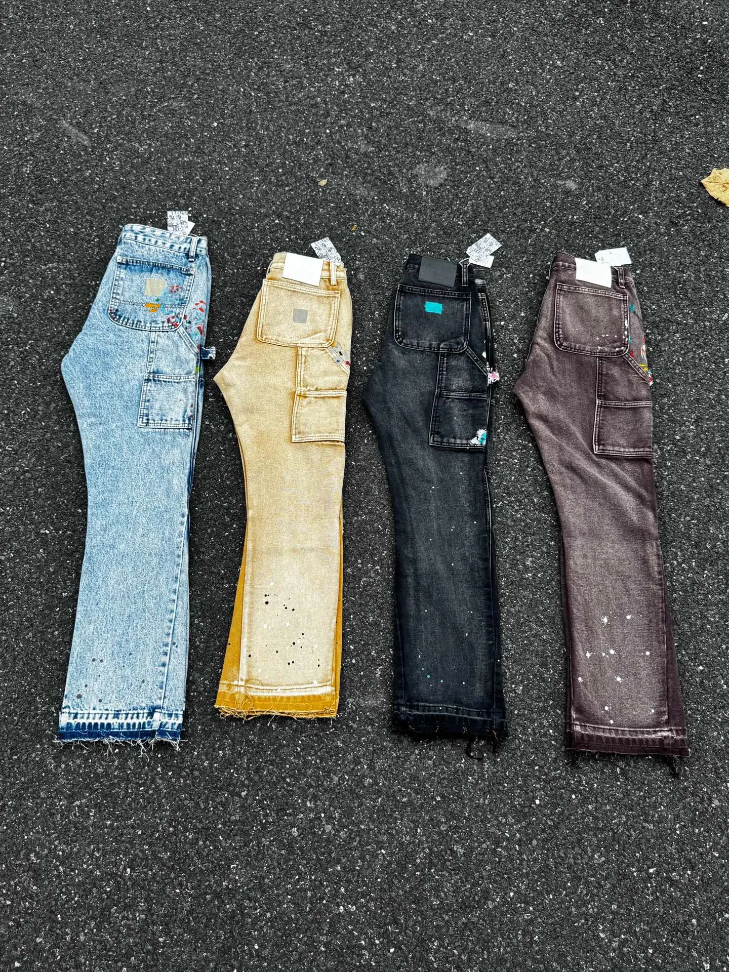 P250 (G95 black) (G90 burgundy) (G94 blue) (G91 khaki) GALLERY DEPT. Spliced ​​patchwork splash-ink denim flared pants washed and distressed spliced ​​jeans logging micro-flared jeans men and women same style Code number: 28 30 32 34 36